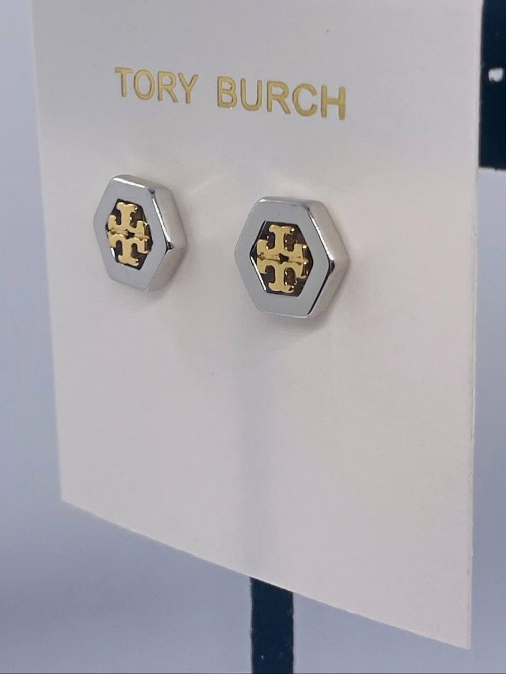 Tory Burch Hexagon Logo Studs in Silver and Gold-Tone